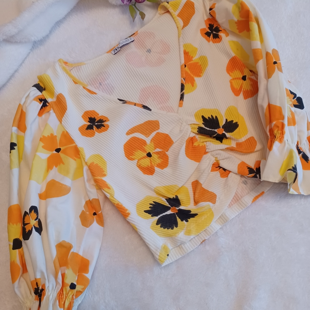 Floral V-Neck Blouse - Orange and Yellow